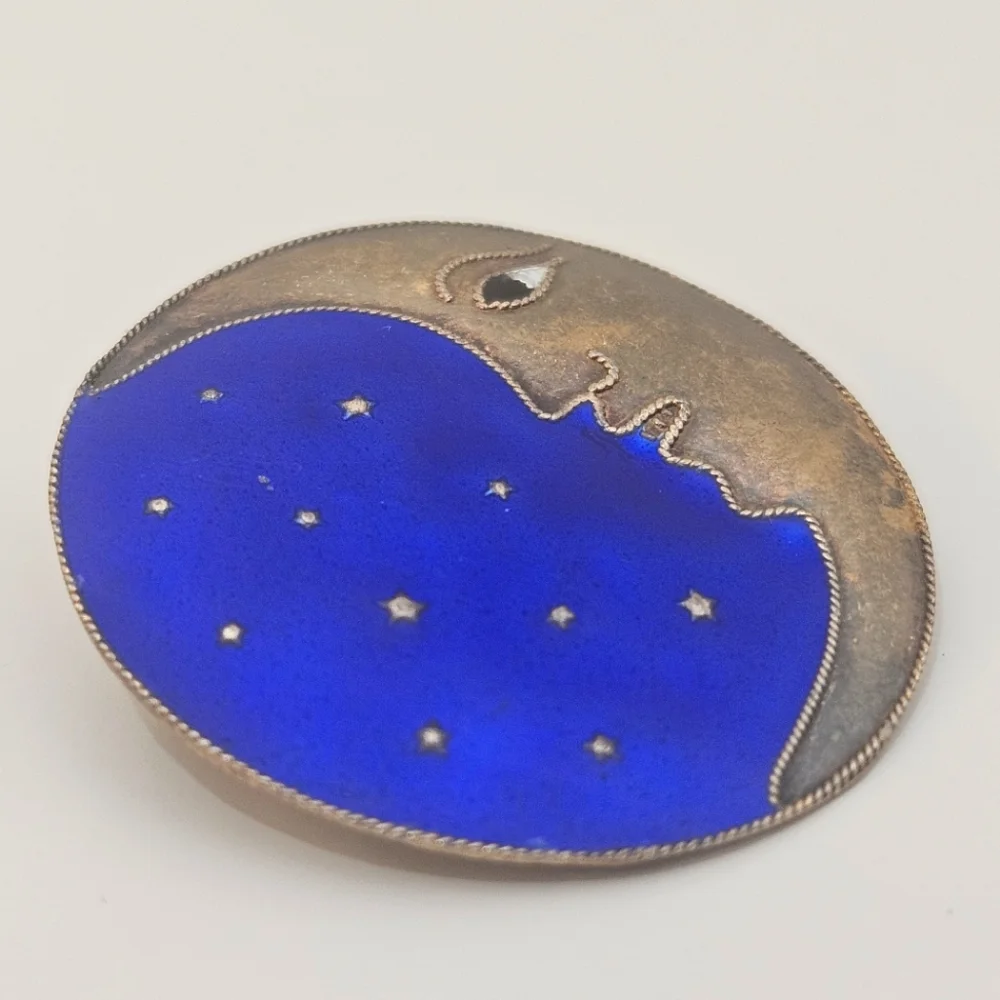 Laurel Burch Gold Over Sterling Silver Enameled Moon And Stars Brooch